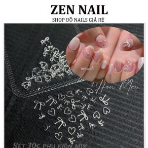 Charm nơ thừng mix tim đính móng set 30 cái
